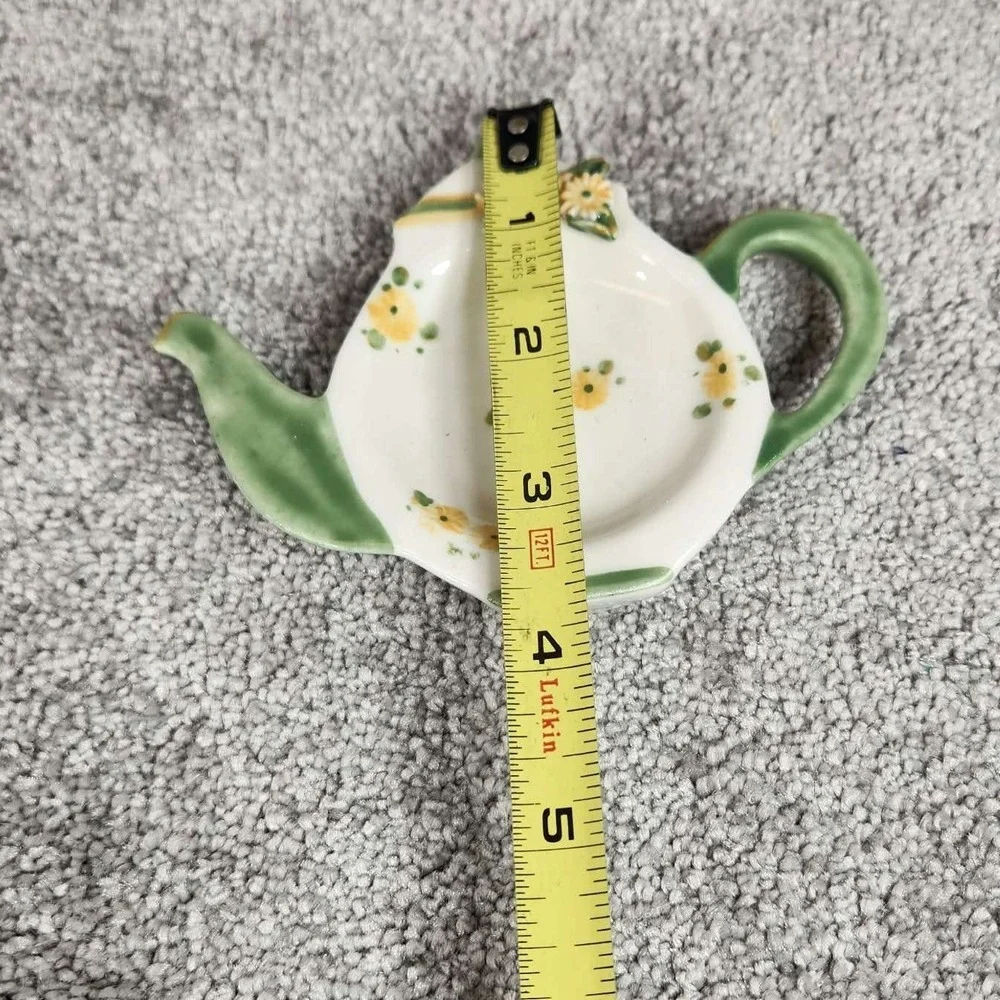 Vintage Tea Bag Rest White Green Floral Teapot Shape Ceramic‎ Small 4.5in